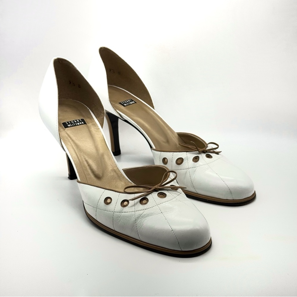 Stuart Weitzman D’Orsay Leather Bow Accent Heels White